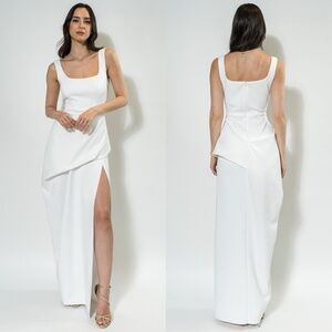 NEW Eve BLACK HALO White KATIA Draped Skirt SCULPTURAL Scuba CREPE Slit GOWN 0
